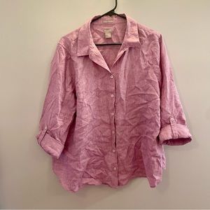 Chicos No Iron Linen Button Down Roll Sleeve Camp Shirt 3 XL